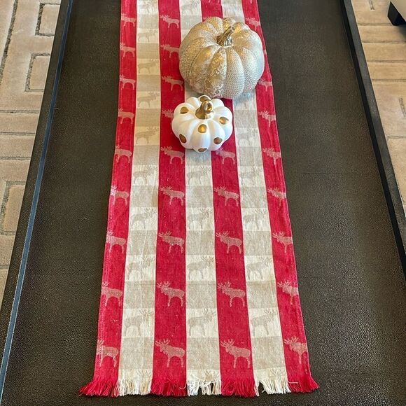 Scandinavian Other - Linen Tablerunner Reindeer woven fabric red/ natural